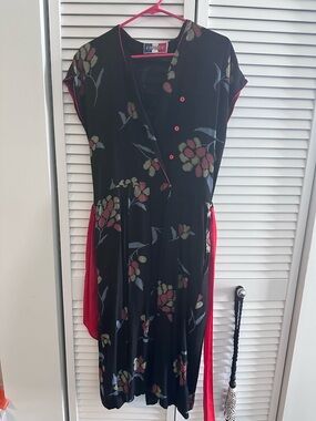 Vintage Black Floral Midi Dress with Pink Trim